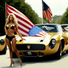 Digital artwork of woman in bikini with American flag by gold sports car