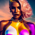 Colorful digital portrait of woman with purple eyeshadow & glossy bodysuit against blue sky