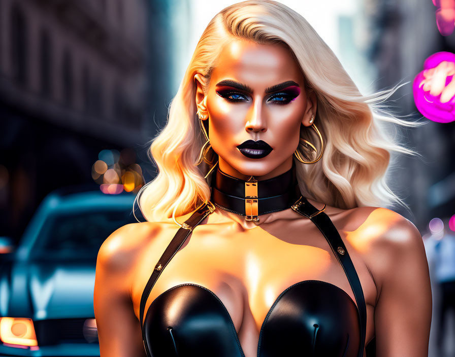 Stylized blonde woman in black leather outfit with bold makeup