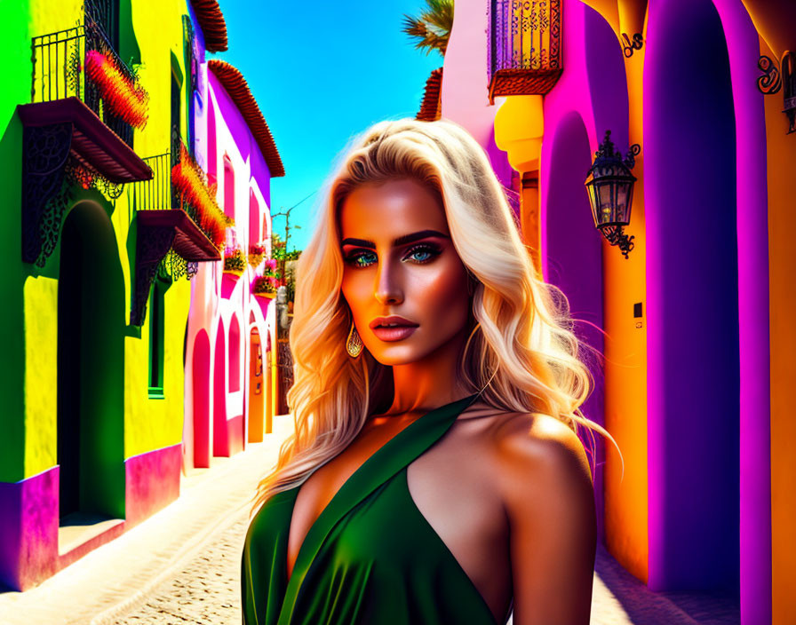 Blonde Woman in Green Dress on Colorful Street