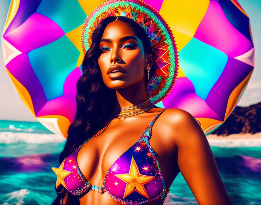 Colorful digital art: Woman with bold makeup at beach holding psychedelic umbrella