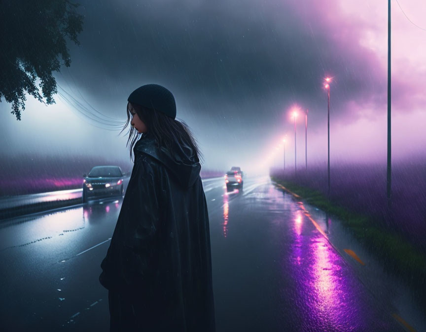 Pedestrian in black coat watching cars in rain under streetlights