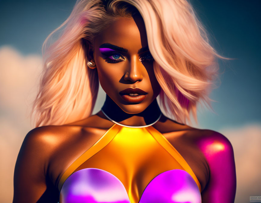 Colorful digital portrait of woman with purple eyeshadow & glossy bodysuit against blue sky