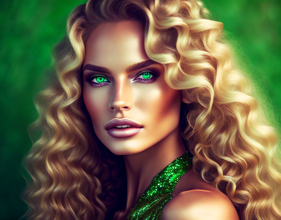 Blonde woman with green eyes in sparkly green attire on green backdrop