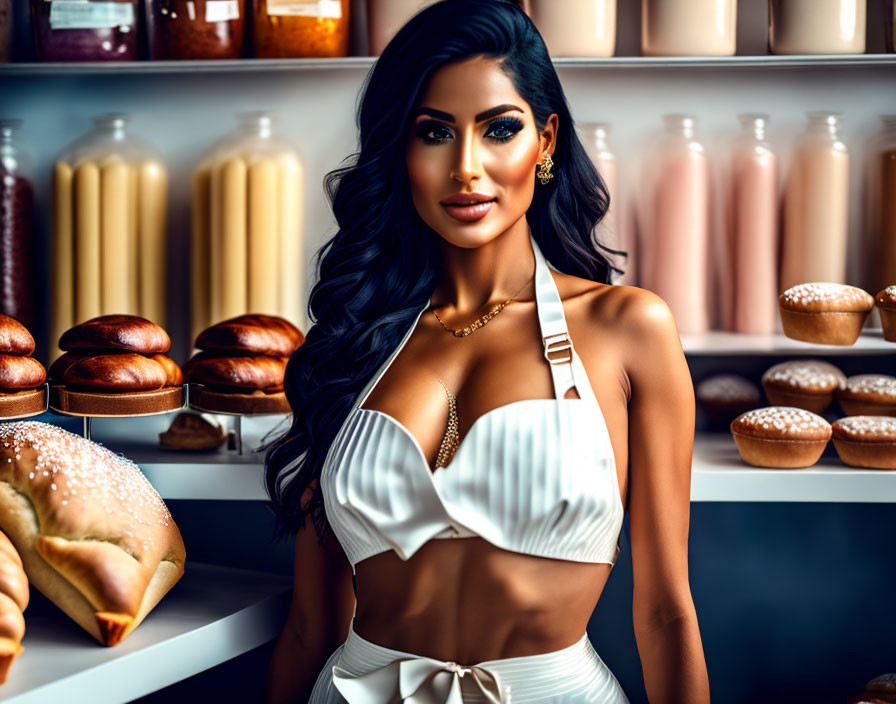 Digital artwork: Dark-haired woman in white top at bakery shelf.