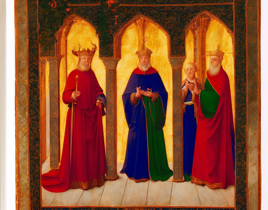 Three Wise Men in Ornate Robes and Crowns Standing in Archways