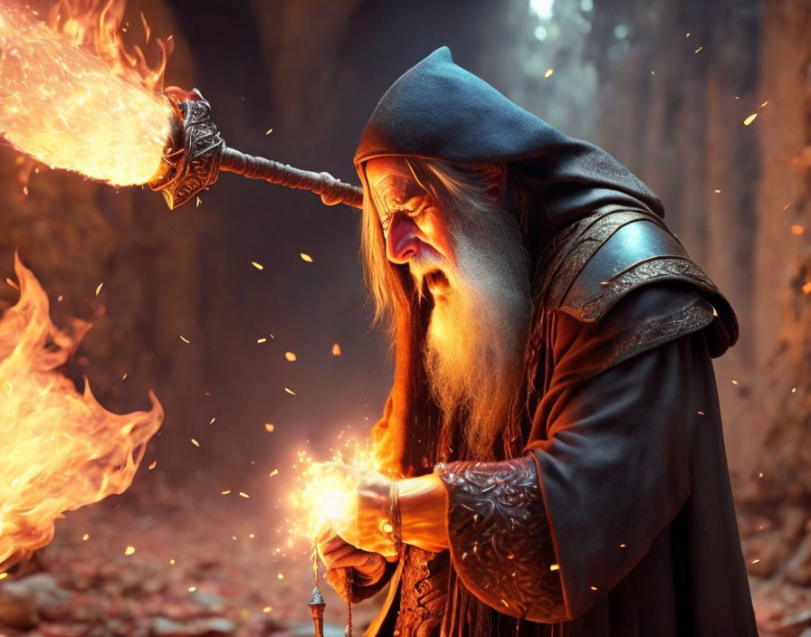 Wizard with flaming staff casting spell in cave setting