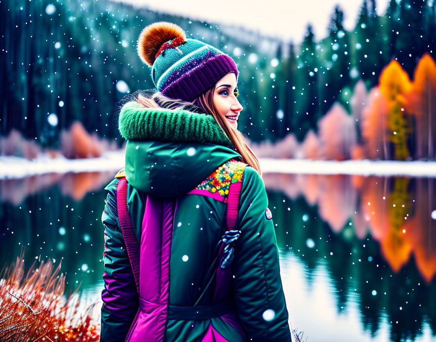 Colorful Winter Attire Woman Smiling by Snowy Lake