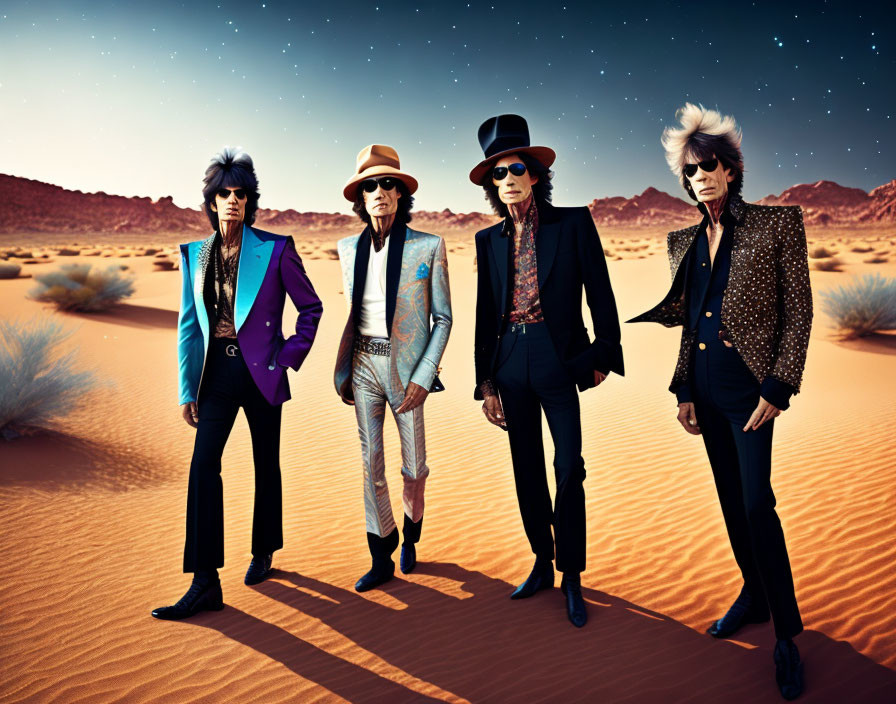 Fashionable individuals in vibrant suits pose in desert landscape