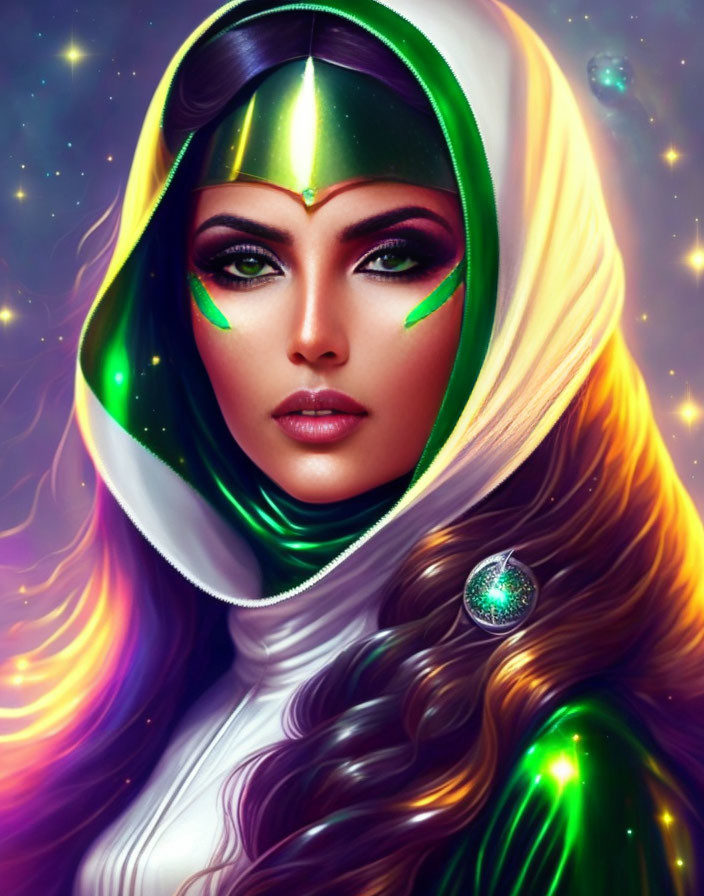 Cosmic-themed digital illustration of a woman with vibrant hair and space cloak