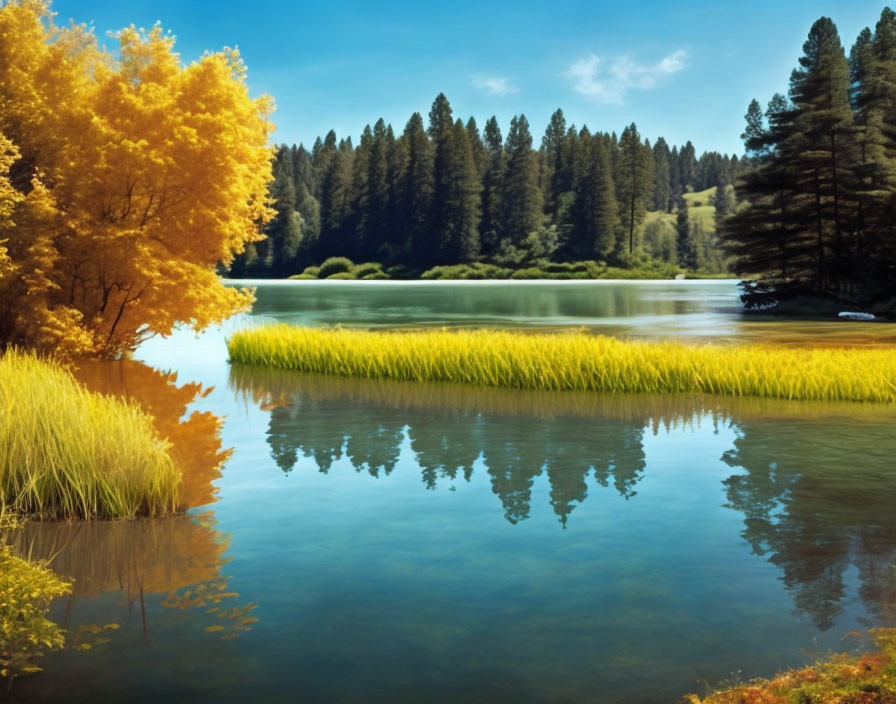 Tranquil lake with autumn tree reflections and pine forest scenery