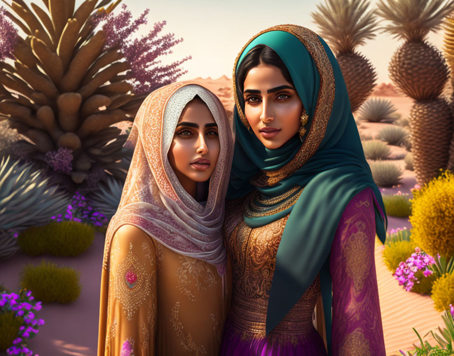 Two women in headscarves in front of desert landscape with cacti