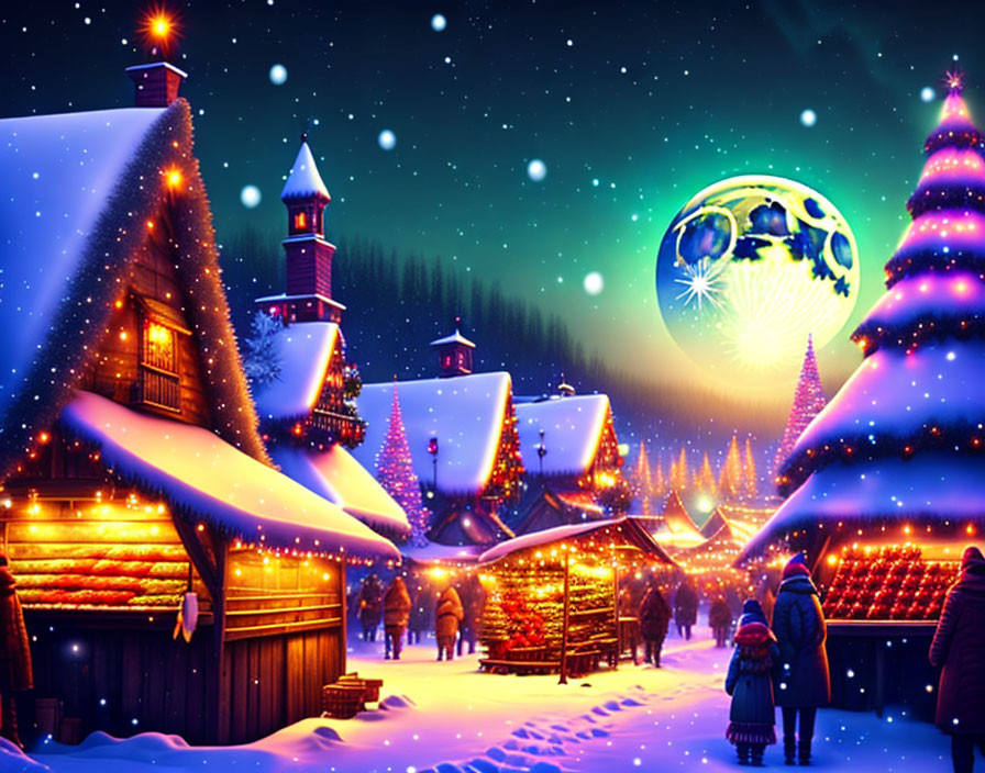 Winter village scene with snow, moon, Christmas tree, and people walking