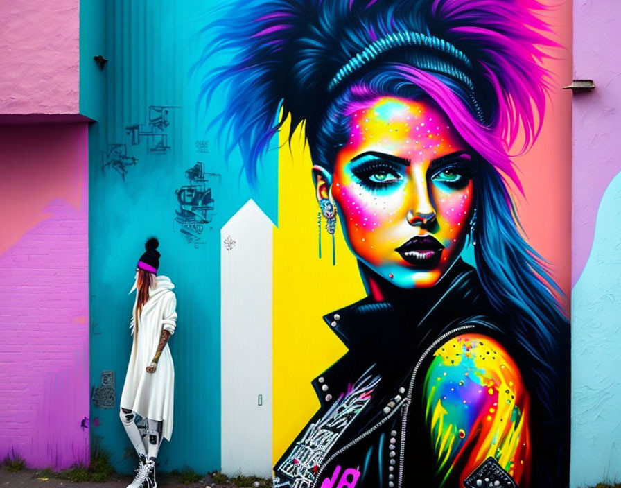 Stylish person walks by vibrant street mural of woman with neon colors