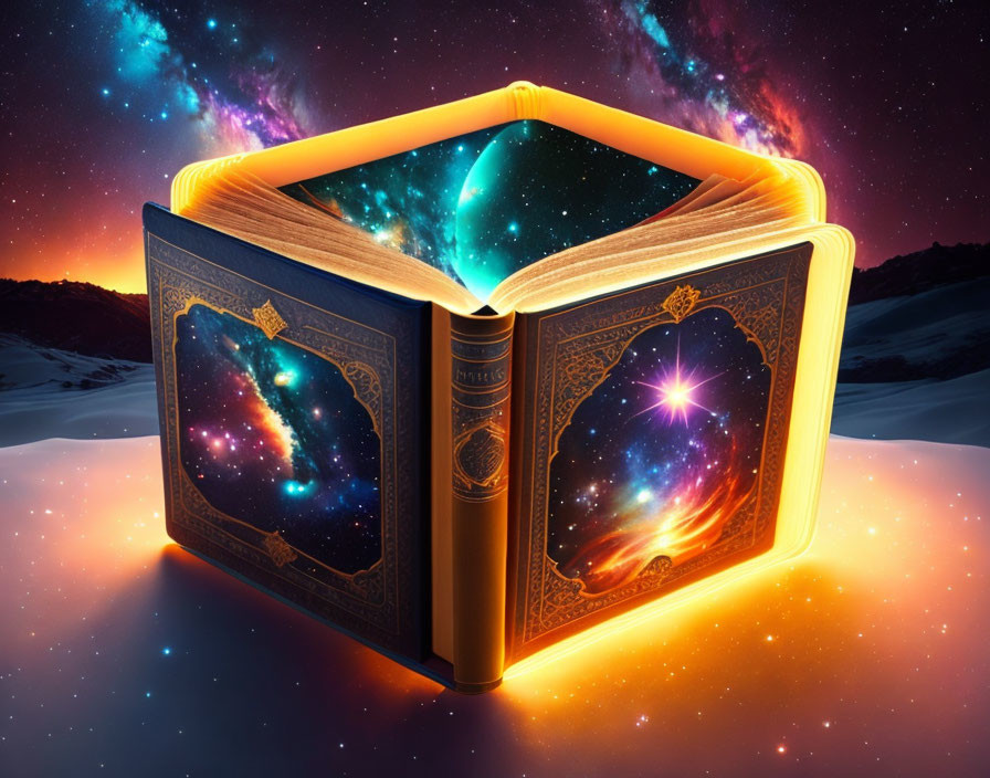 Golden glow illuminates open book with cosmic scene on pages