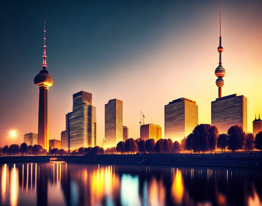 City skyline with illuminated buildings and TV tower reflected in calm waters at twilight