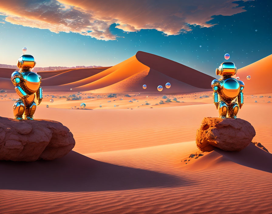 Reflective futuristic robots on rocks in desert with soap bubbles.