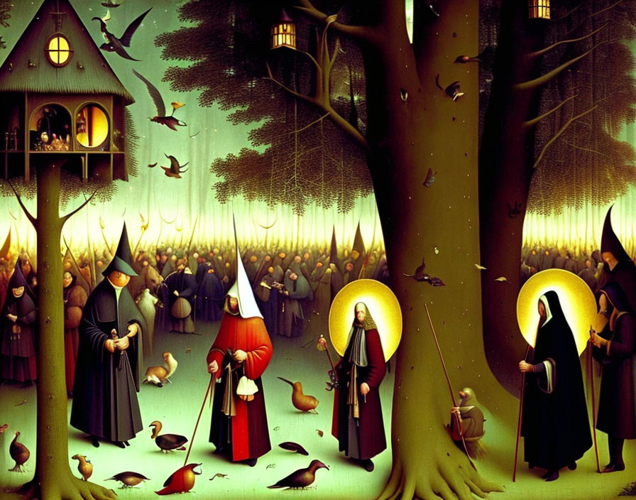 Colorful surreal painting: robed figures, halos, large trees, house, birds, mystical