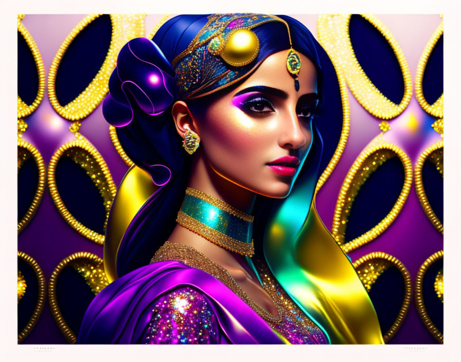 Colorful digital artwork of woman in headscarf with gold jewelry on ornate purple background