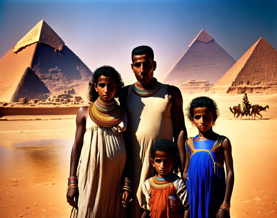 Traditional Egyptian family at Great Pyramids with camel