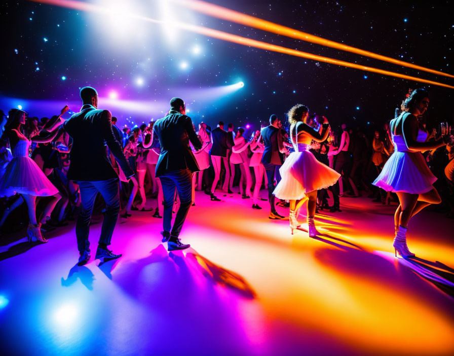 Vibrant club scene with blue and orange lights capturing festive atmosphere