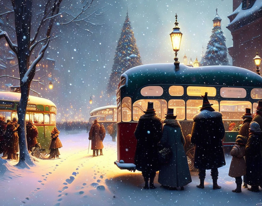 Vintage Green Bus in Snowy Evening with People in Warm Winter Clothes