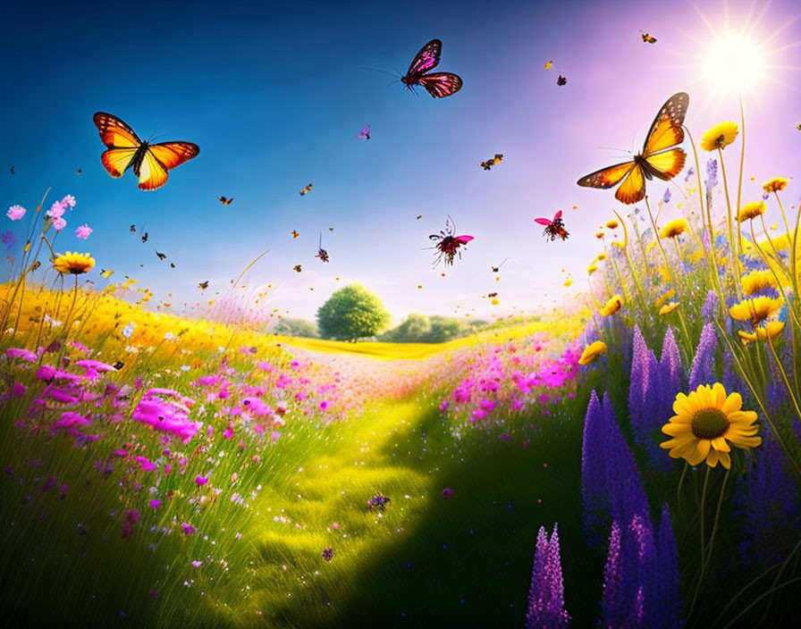 Colorful butterflies fluttering above vibrant meadow with wildflowers and lone tree