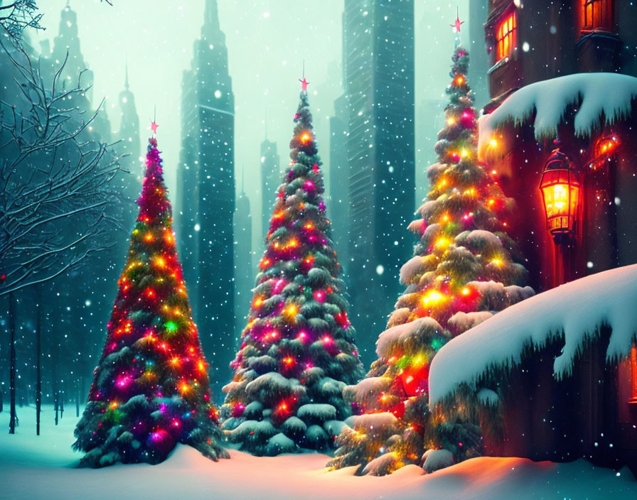 Snowy Christmas scene with illuminated trees and colorful lights