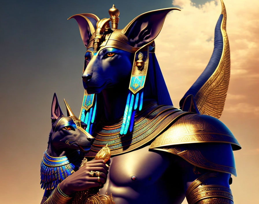 Ancient Egyptian-style armor on anthropomorphic jackal figure.