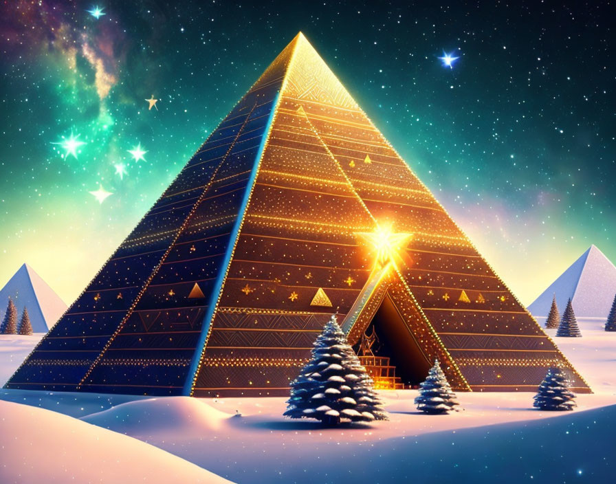 Illuminated Pyramid in Starry Night Sky with Snow-covered Ground