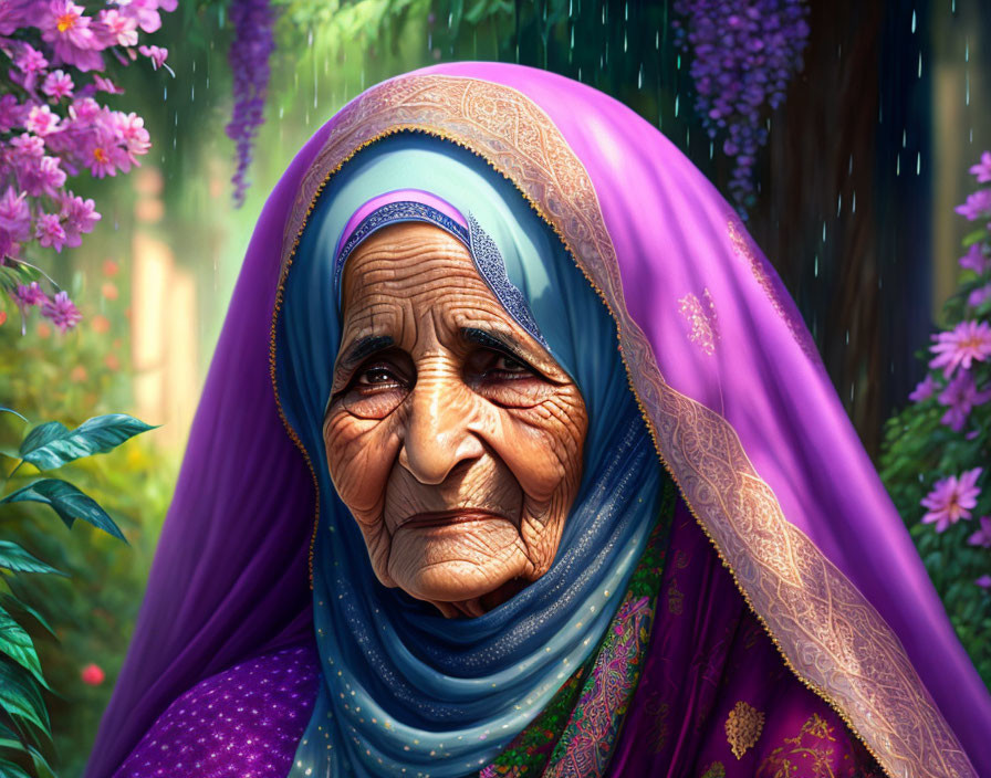 Elderly woman in headscarf in lush garden with purple flowers