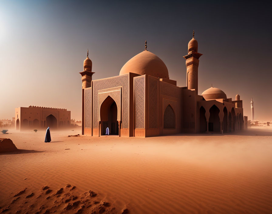 Traditional mosque in desert with person in blue garment