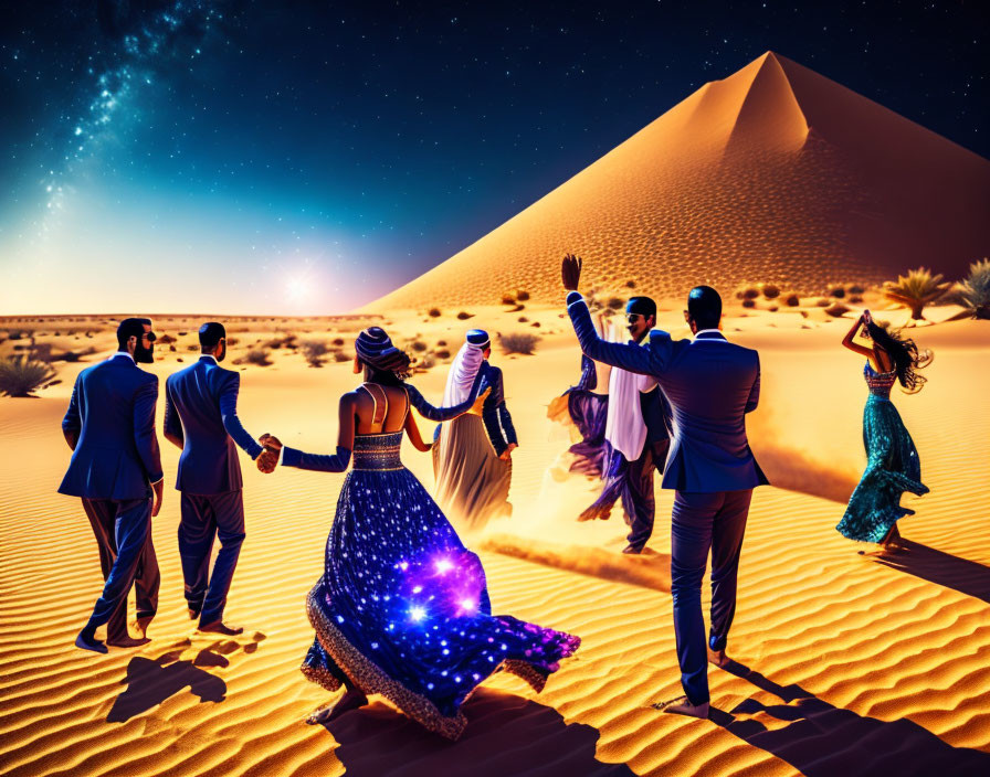 Elegant group in desert at night with Great Pyramid and sparkling woman.