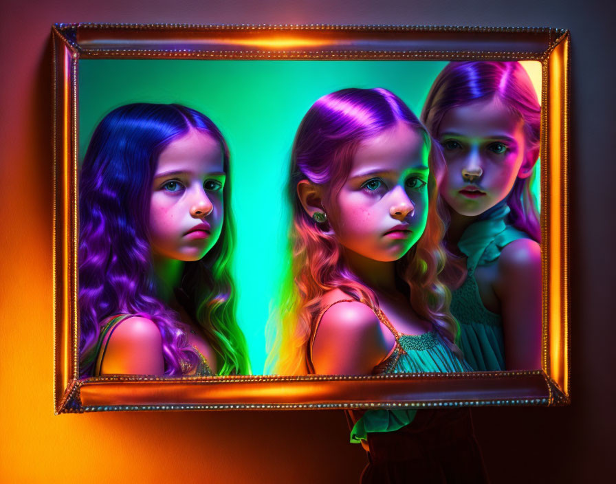 Three girls posing in colorful lighting in golden frame on dark background