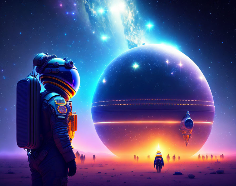 Astronaut viewing giant glowing planet in alien landscape