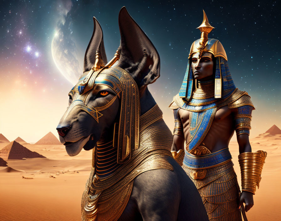 Ancient Egyptian attire with Anubis-like figure in desert setting