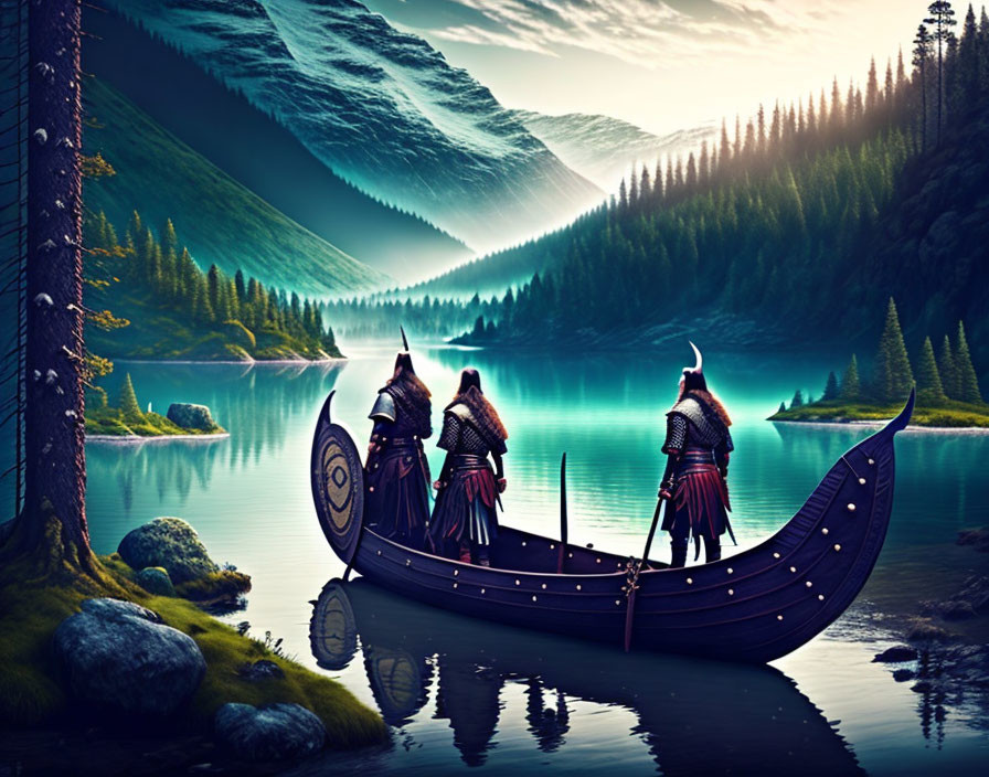 Viking warriors in longship on misty fjord with mountains.