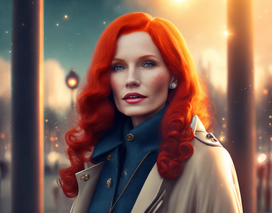 Red-haired woman in coat gazes away under warm backlight