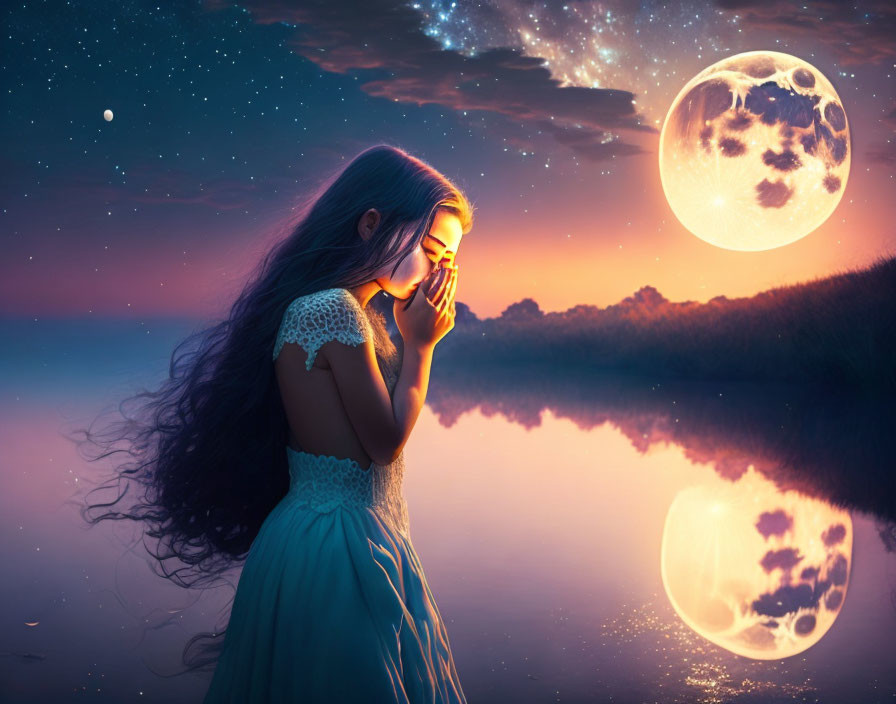 Young woman by tranquil lake under night sky with luminous moon reflected