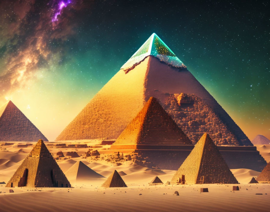 Ancient Pyramids of Giza under starry sky with colorful galaxy and illuminated apex