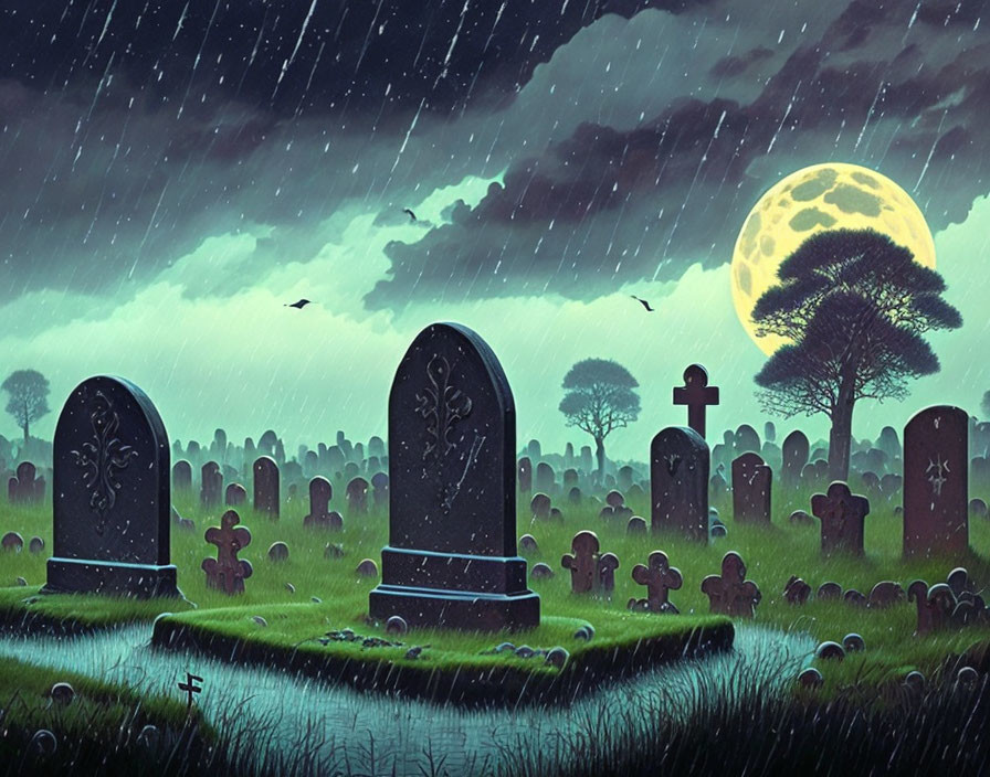 Spooky graveyard scene with tombstones, full moon, rain, dark clouds, tree, and rav