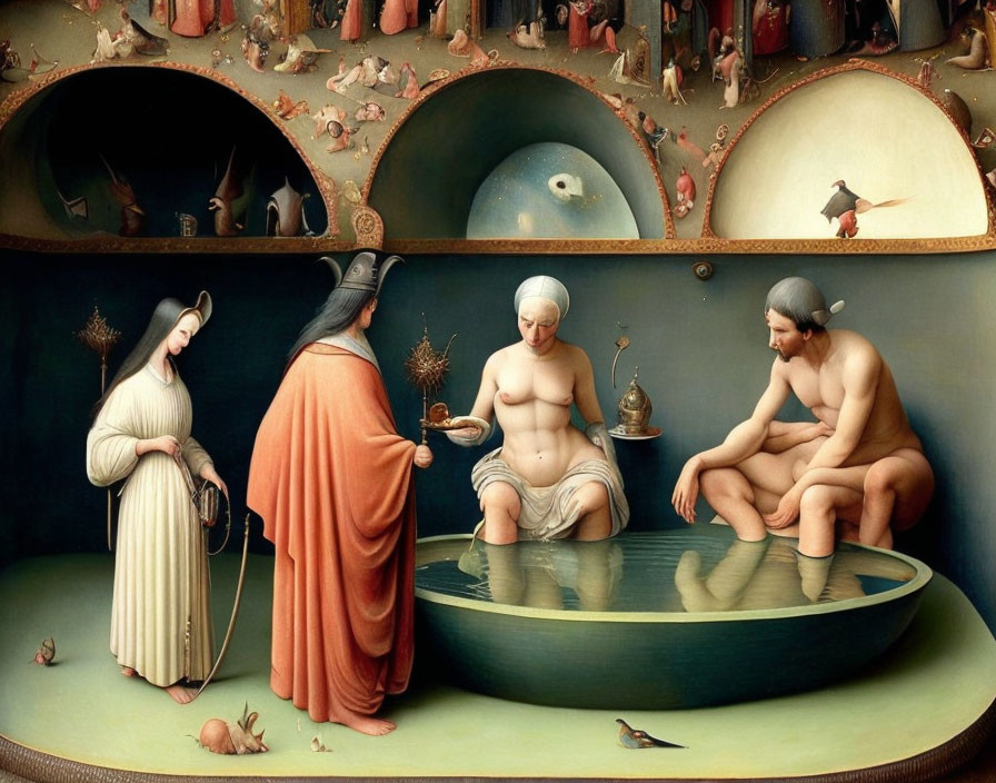 Surreal painting: robed and nude figures in tub, intricate background scenes