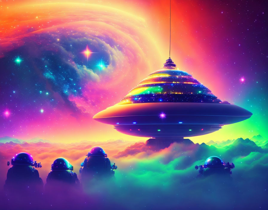 Multicolored UFO over misty mountains in vibrant sci-fi landscape