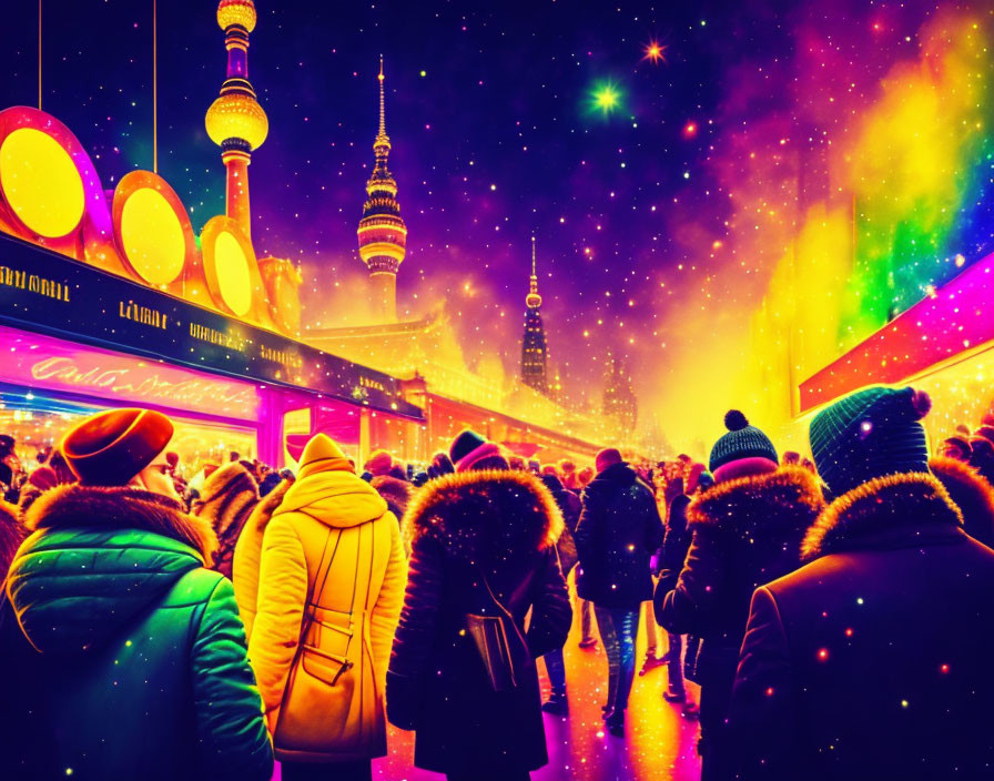 Colorful Night Scene of Winter City Lights and People