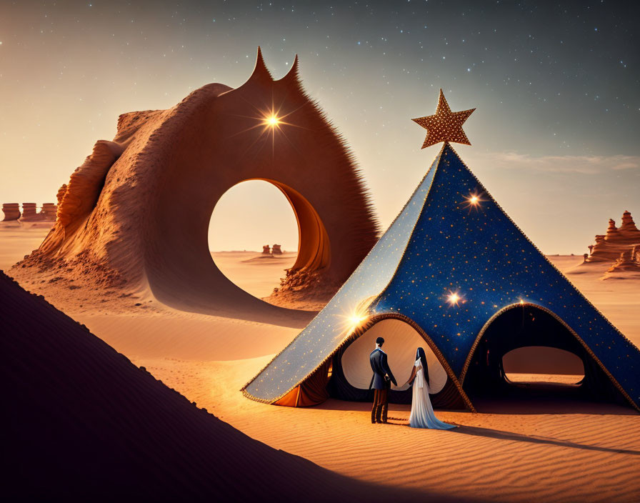 Couple at desert tent entrance with surreal sculptures under twilight sky