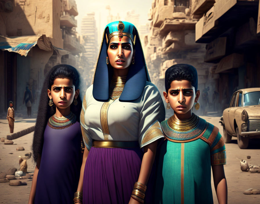 Ancient Egyptian queen with two figures in urban setting.