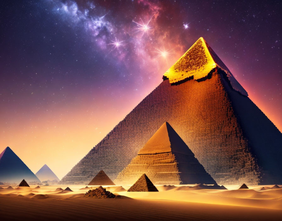 Great Pyramids of Giza under starry night sky with glowing light