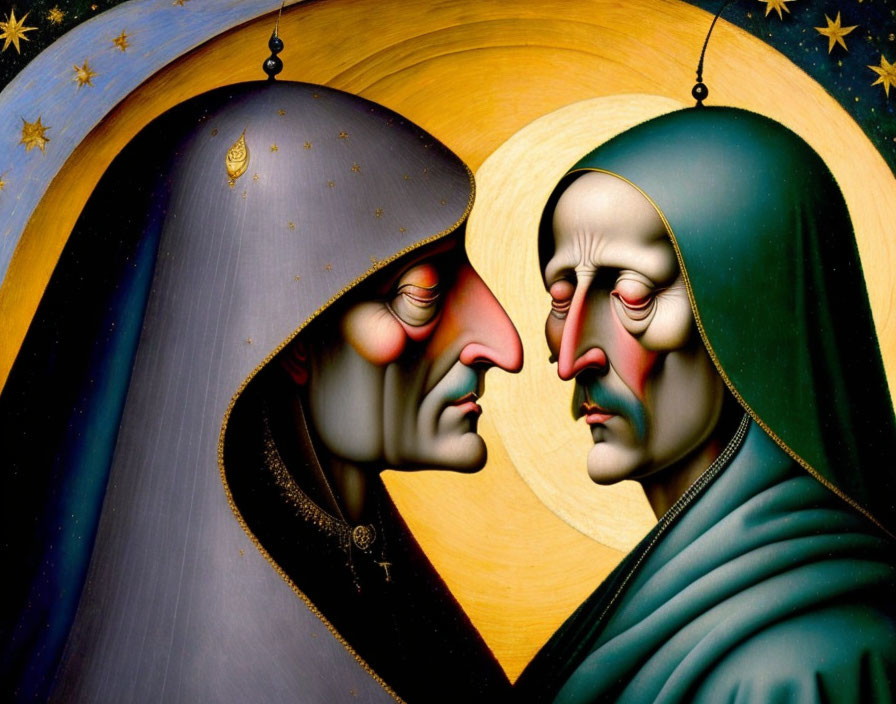 Surrealist painting of two figures in ornate robes on golden, starry backdrop