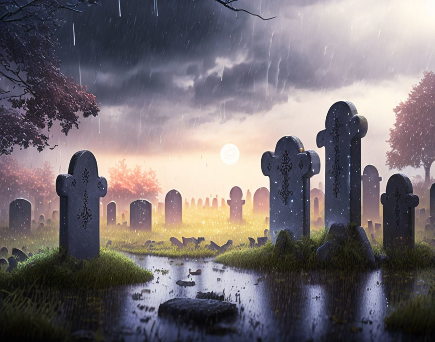 Rain-soaked dusk graveyard with sun breaking through clouds