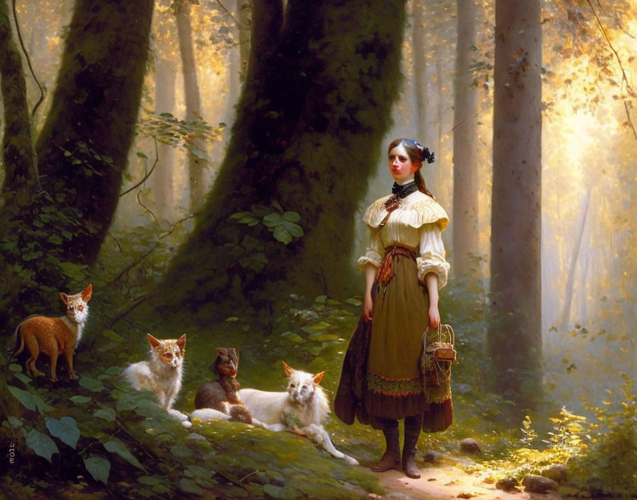 Woman in vintage dress with four foxes in sunlit forest